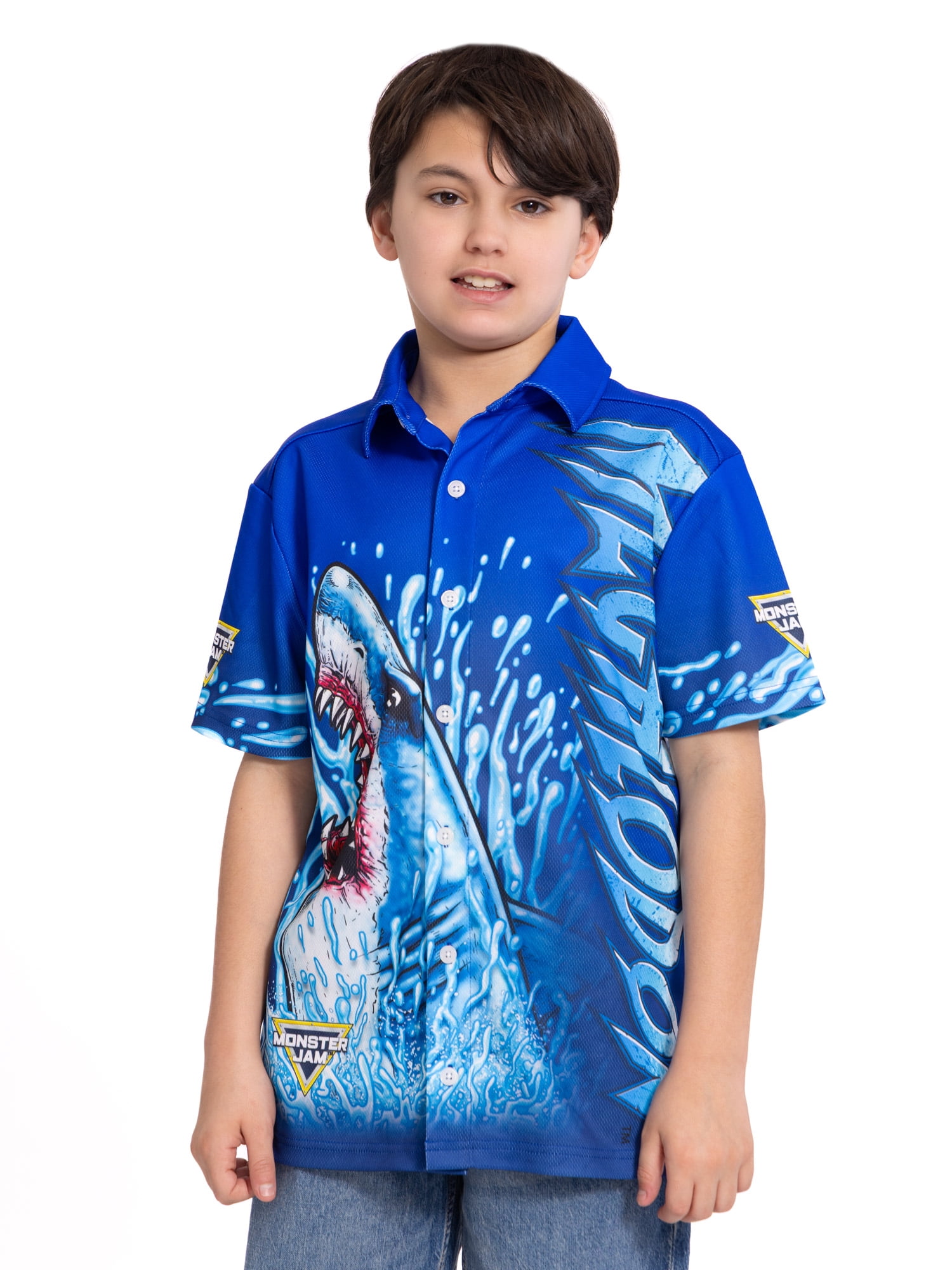 Monster Jam Megalodon Boys Button Shirt with Short Sleeves, Sizes 4-16