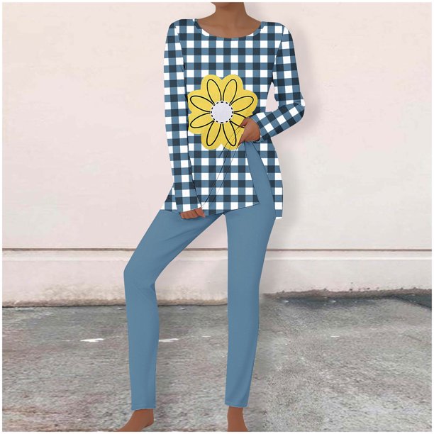 Puntoco Traje Casual De Mujer Con Cuello Redondo Y Manga Larga Estampado + Pantalón Largo Azul Cielo M