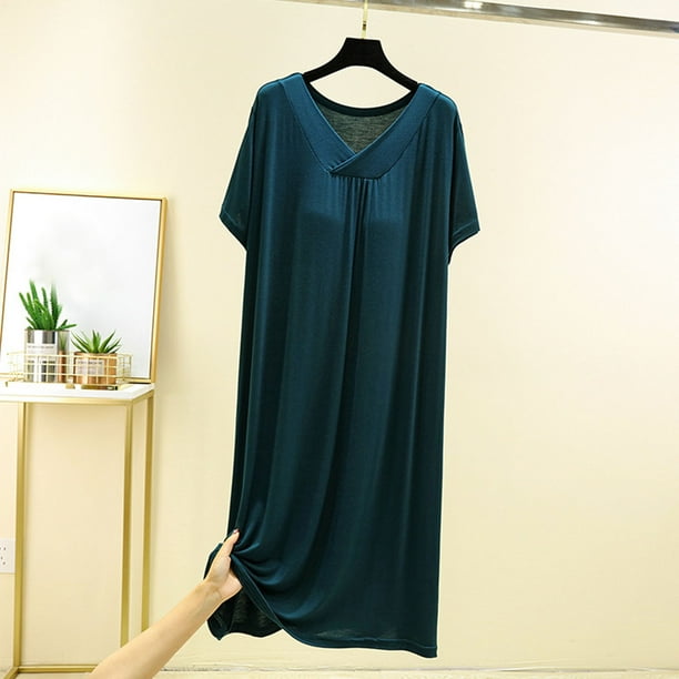 Camisón largo para mujer, color liso, escote en V, con relleno en el pecho, manga corta, plisado, frontal.