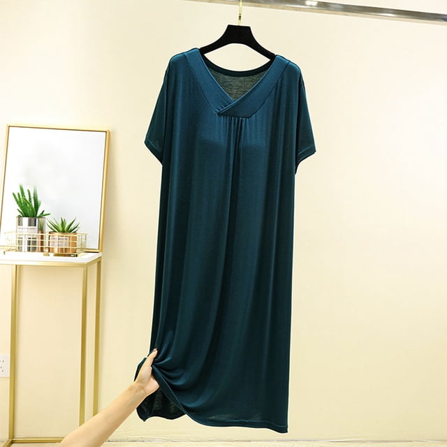 Ovzne Robes pour Femmes 2025 Robe pour Femme Couleur Unie Col en V avec Coussin de Poitrine Manches Courtes Plissée devant Robe Chemise de Nuit Grande Taille Robe Manches Courtes Liquidation