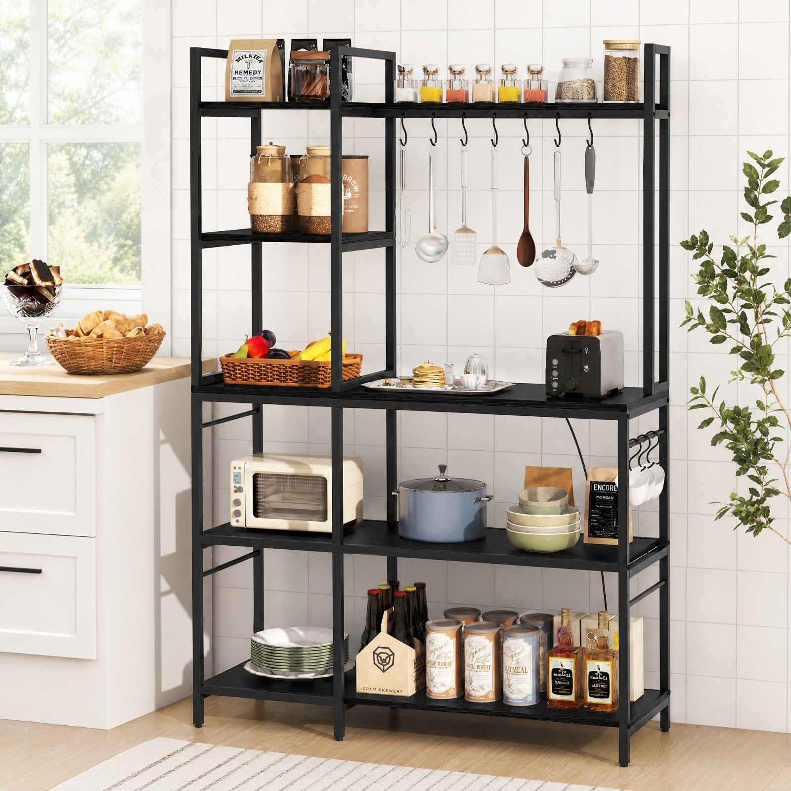 RUIE 5-Tier Baker's Rack with Power Outlets and 10 S-Hooks, Kitchen Storage Stand with Charging Station and Side Hanging Bars, Coffee Bar Shelf, Black