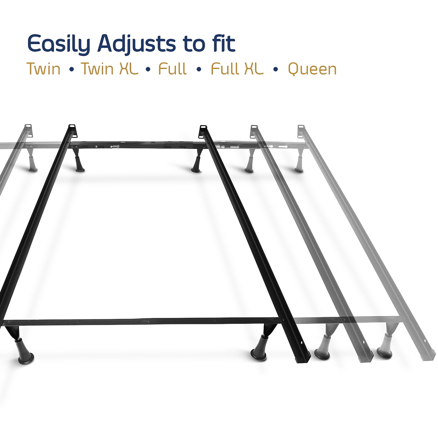Nestl Adjustable Metal Bed Base - Heavy-Duty Steel Twin Bed Frame Expands to Full Bed Rails, Full/Queen - 5.25" H Bed Frame Only, Universal Headboard Brackets, Black