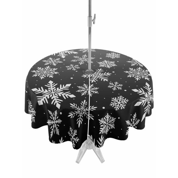 Outdoor Tablecloth with Umbrella Hole and Zipper, Black White Snowflake Christmas Round Table Cloth 60 Inch Waterproof Tablecloth, Winter Xmas Snowflakes Picnic Table Cover for Patio Camping