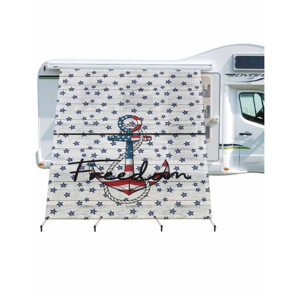 4th of July RV Awning Sun Shade Screen 9'X7' Blue Stars Anchor Mesh Sunscreen American Flag Wood Grain Awning Shade Screen with Zipper UV Blocker Completed Kits for RV Motorhome Camper