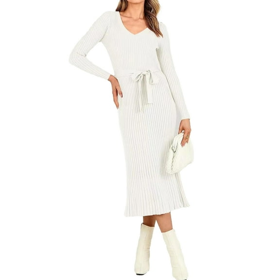 SANOPY Womens Elegant Slim Midi Knit Dress Casual V-neck Long Sleeve Waist Lace up Dress Ribbed Bodycon Sweater Dresses