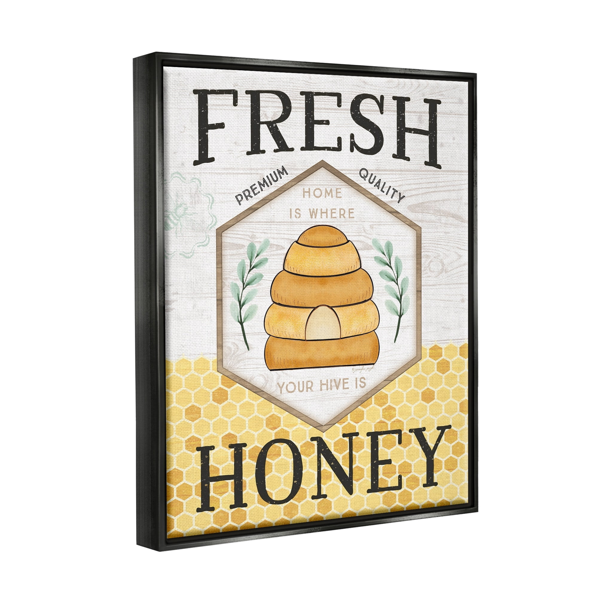 Stupell Industries Fresh Honey Rustic Bee Hive Typography Sign Graphic Art Jet Black Floating Framed Canvas Print Wall Art, Design by Jennifer Pugh