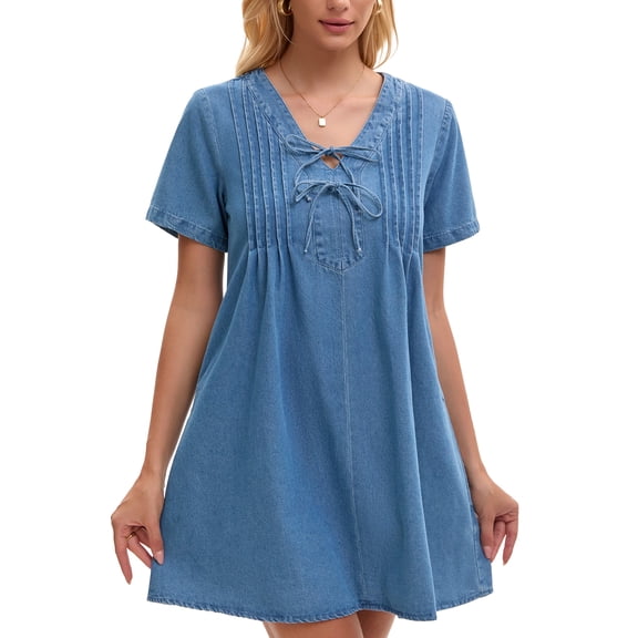 INSPIRE CHIC Women's Denim Dress Short Sleeve V Neck with Pockets Casual Mini Jean Dresses M Light Blue