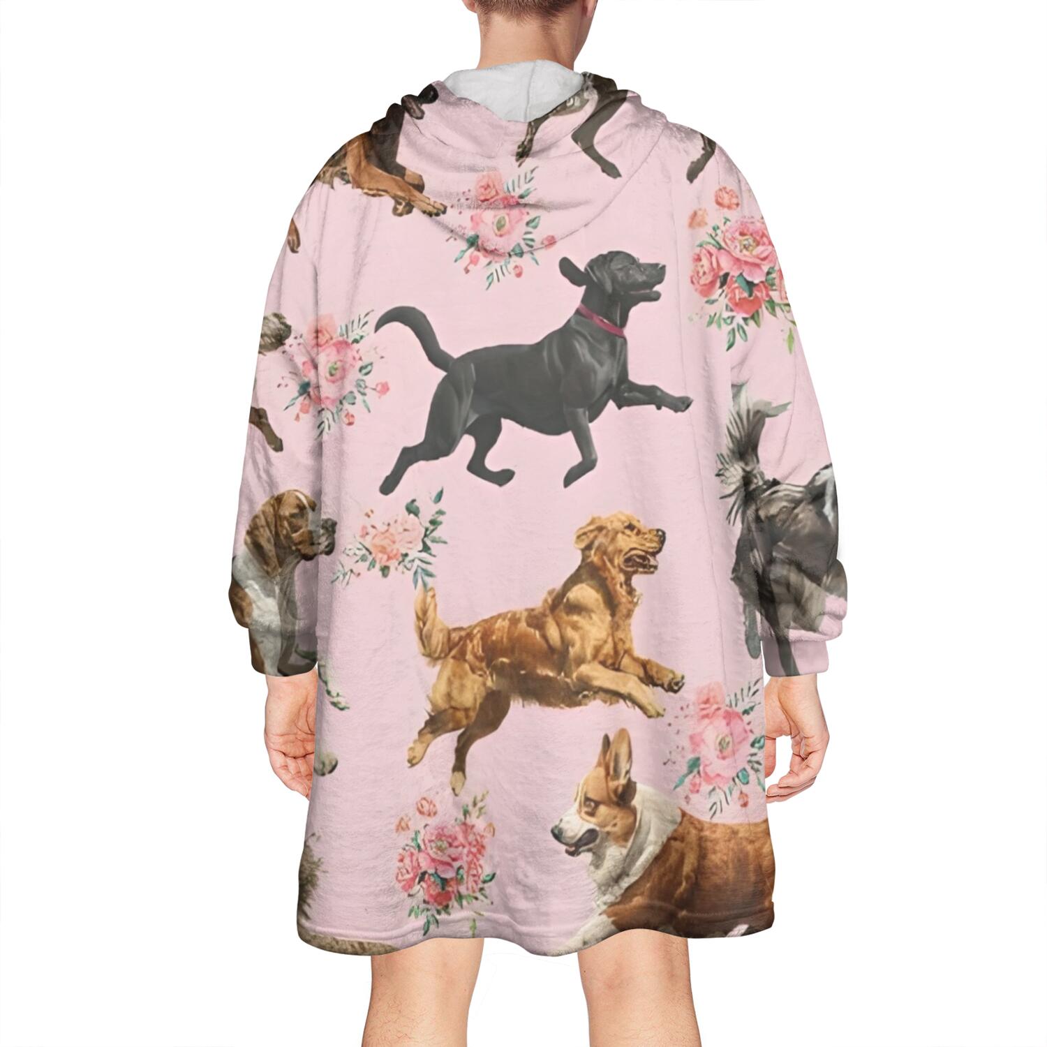 Wearable Oversized Blanket,Dogs with Pioneer Flower Wearable Blanket Hoodie for Adults,Cozy Hooded Blankets with Super Pockets,Super Warm Fuzzy Pullover for Women & Men