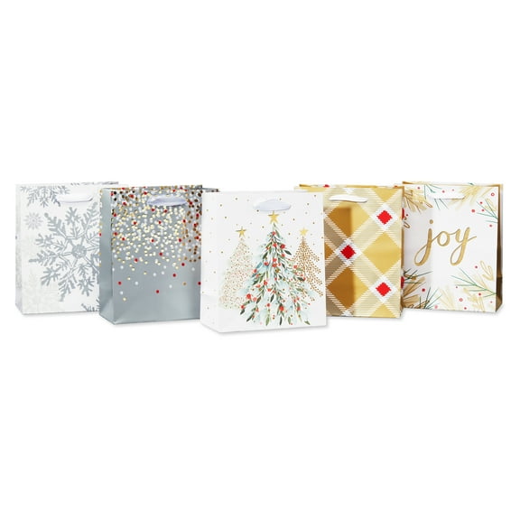American Greetings Small Christmas Gift Bags, Gold and Silver Patterns (5 Bags)