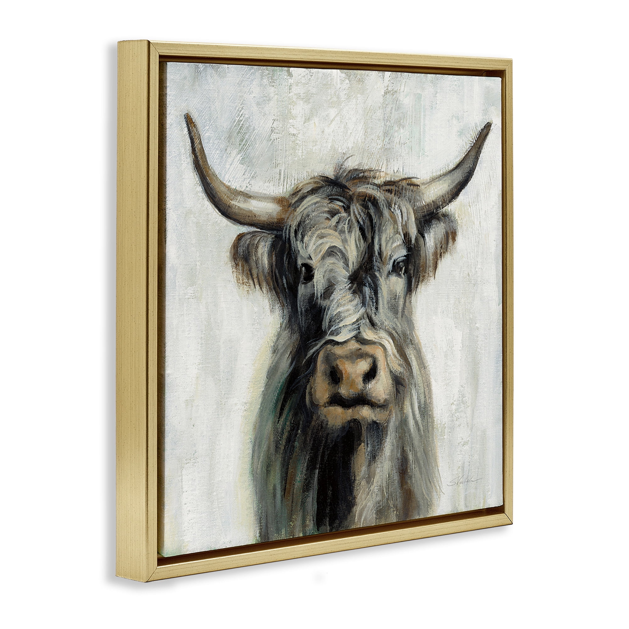 Stupell Industries Masculine Bull Portrait Cottage Animals & Insects Painting Gold Floater Framed Canvas Art Print Wall Art, 18 x 18