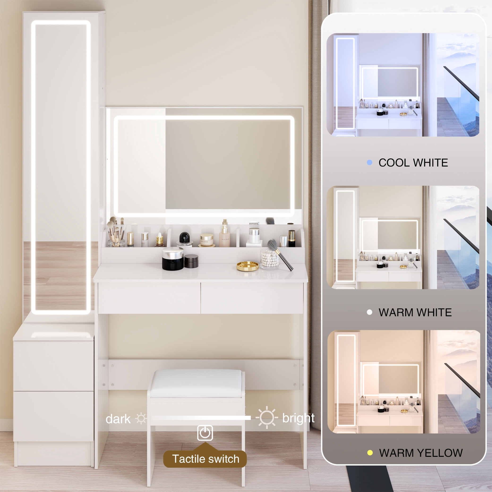 Leumius Smart Makeup Vanity Set with 3 Color Lighted Mirror,LED Dressing Mirror Cabinet,Double Large LED Mirror,Multi-layer High Capacity Storage for Bedroom,White
