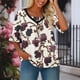 thumbnail image 5 of Camiseta Impresa Casual de Manga Corta de las Mujeres, Cuello en V de Manga de Cinco Cuartos con Pliegues en el Pecho, Camiseta de Estilo de Manga Larga de las Mujeres, 5 of 6
