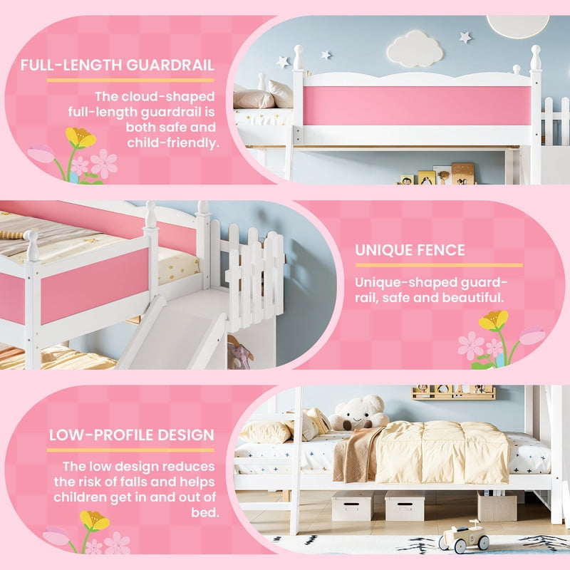 Full-Over-Full Size Kids Bunk Bed with Open Storage Shelves & Small Wardrobe, Wooden Princess Bed Frame with Ladder & Slide