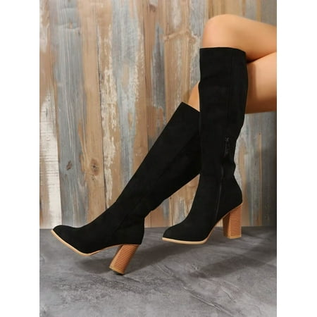 

Elegant Brown Boots For Women Side Zipper Point Toe Chunky Heeled Faux Suede Classic Boots Women s Western Style High Heel Boots With Chunky Heel High Shaft Casual & Versatile Pointed Toe Riding Boots