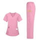 thumbnail image 5 of Conjuntos de uniforme médico para mujer, informal, cuello en V, manga corta, camiseta y pantalones con cintura elástica, color liso, 2 piezas, con bolsillos, 5 of 9