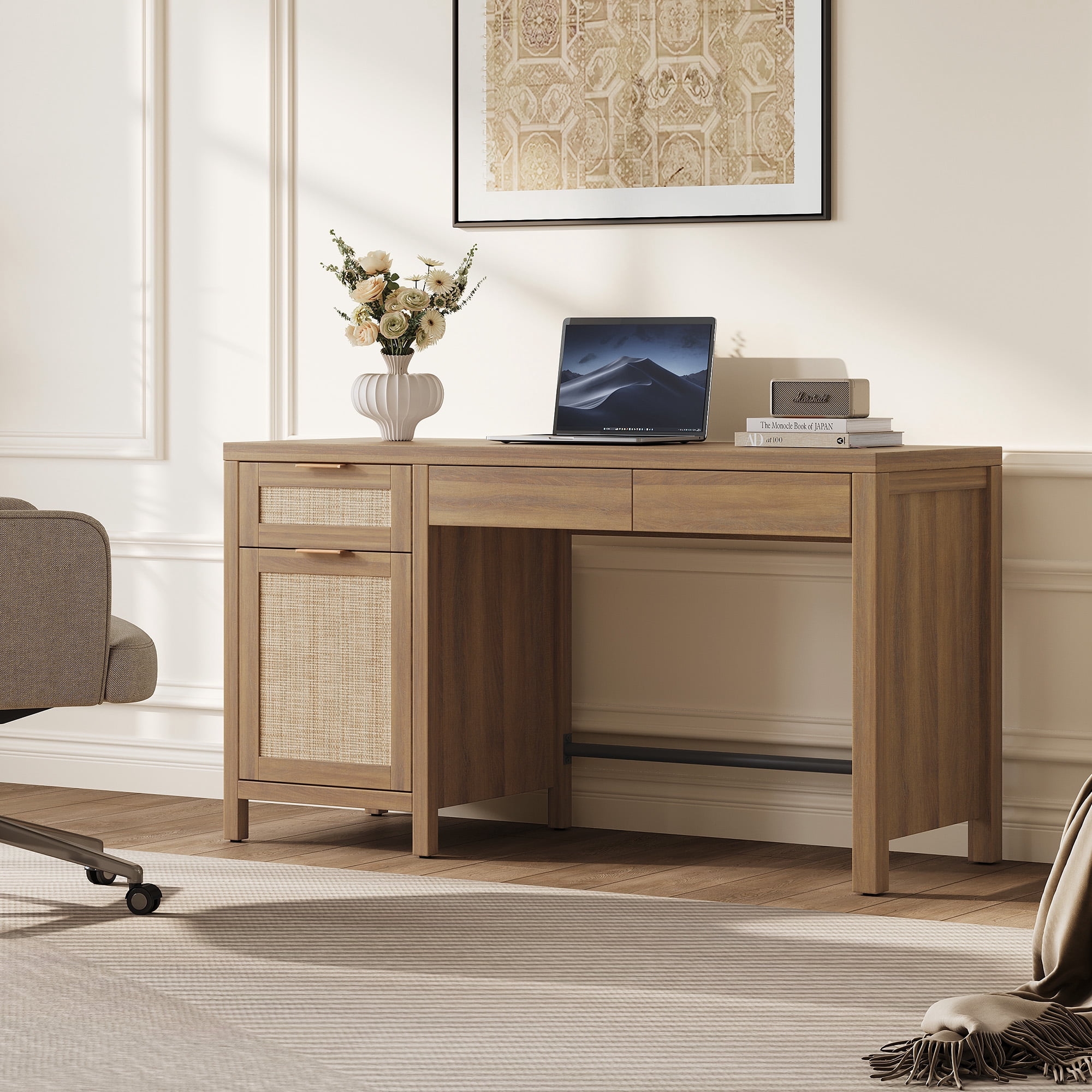 SICOTAS 55" Wide Farmhouse Writing Desk with Rattan Decor & Hidden Drawers–Spacious Desktop for Dual Monitors, Adjustable Shelf, Sturdy Engineered Wood, Boho Style for Home Office or Vanity