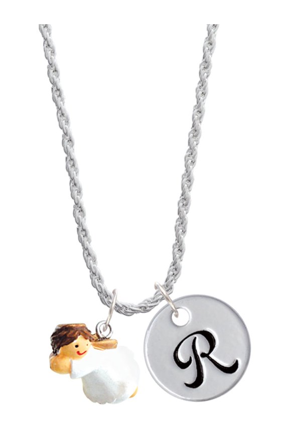Resin Flying Angel Silvertone Script Initial Disc - R - Charm Necklace, 20"+3"