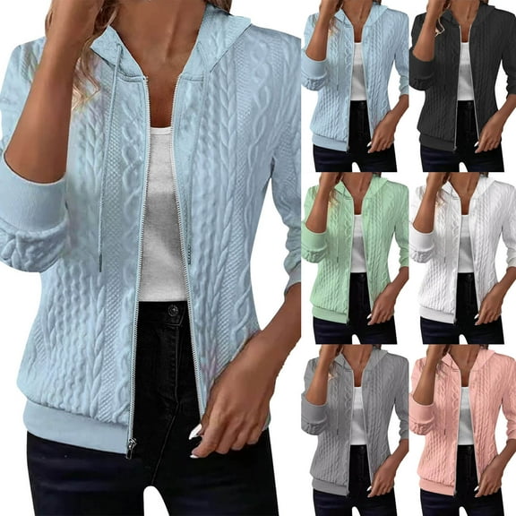 idosla Zip Up Cardigan Sweater for Women Cable Knit Hoodie Long Sleeve Jacket Oversized Outwear Drawstring Sweatshirts (Green, M)