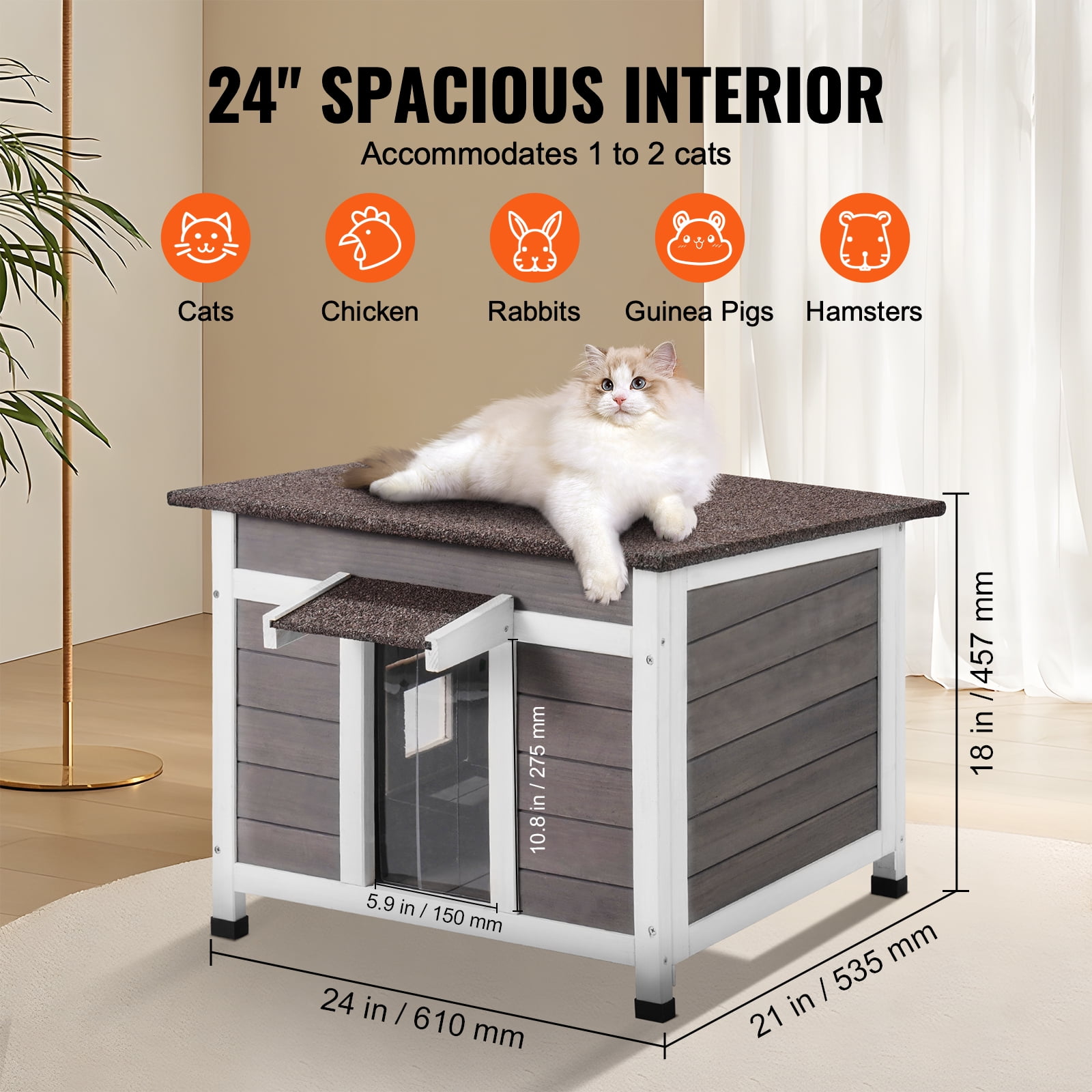 VEVOR Outdoor Cat House Weatherproof, Feral Cat Shelter for Multiple Cats, Outdoor Wooden Cat Rabbit House with a Window, Open Roof and PVC Door Flaps, 24"L x 21"W x 18"H