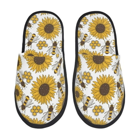Balery Sunflowers and Bees Slient Indoor Furry Fleece Comfort House Shoes Soft Non-Slip Home Shoes Cotton slippers House Slippers-- Medium