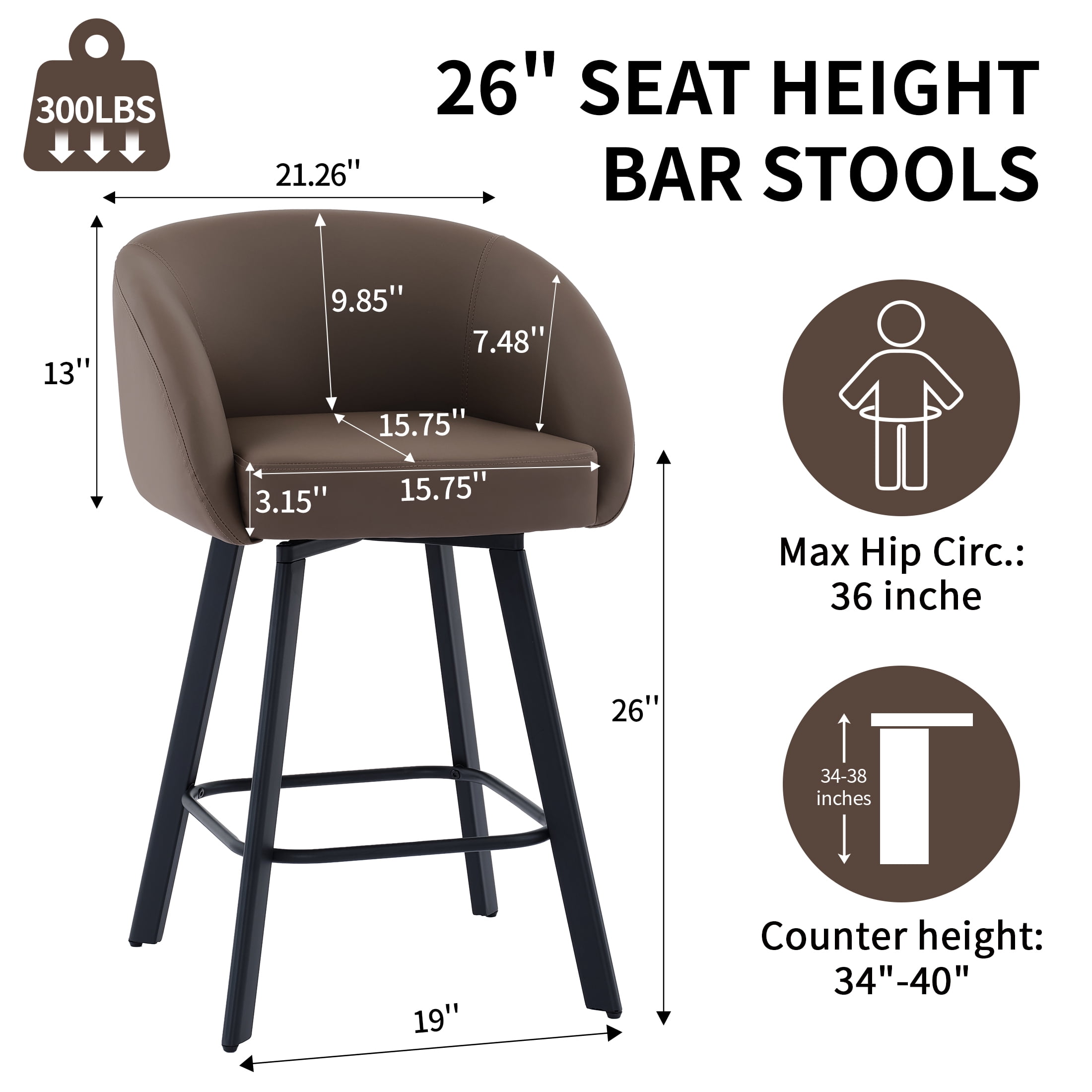 FIRAVOE Bar Stools Set of 2, Swivel Counter Height Bar Stools with Back & Arms (26") Faux Leather Bar Chairs for Kitchen Island, Coffee Brown