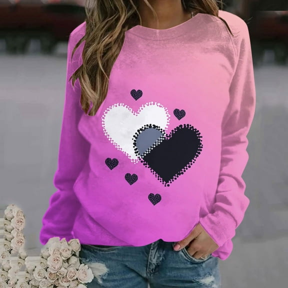 Womens Tops Valentine's Day Round Neck Long Sleeve Love Heart Printed Sweatshirt Gifts for Her Pink L