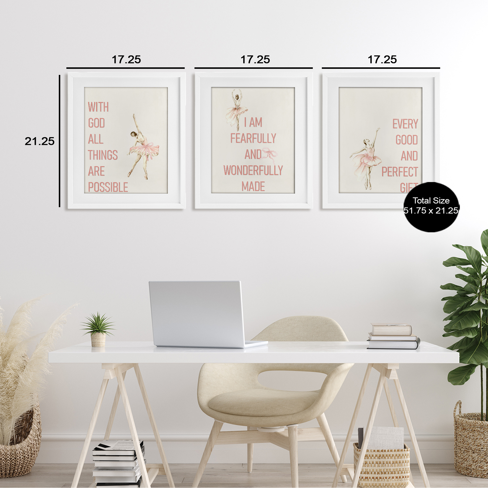 Faith Sentiments with Ballerinas 3 Piece White Framed Print Under Glass Set, design by Kim Allen