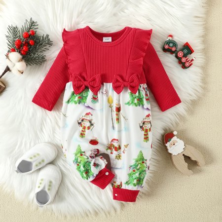 

Infant Toddler Girls Christmas Long Sleeve Romper Snowman Prints Bow Tie Jumpsuit