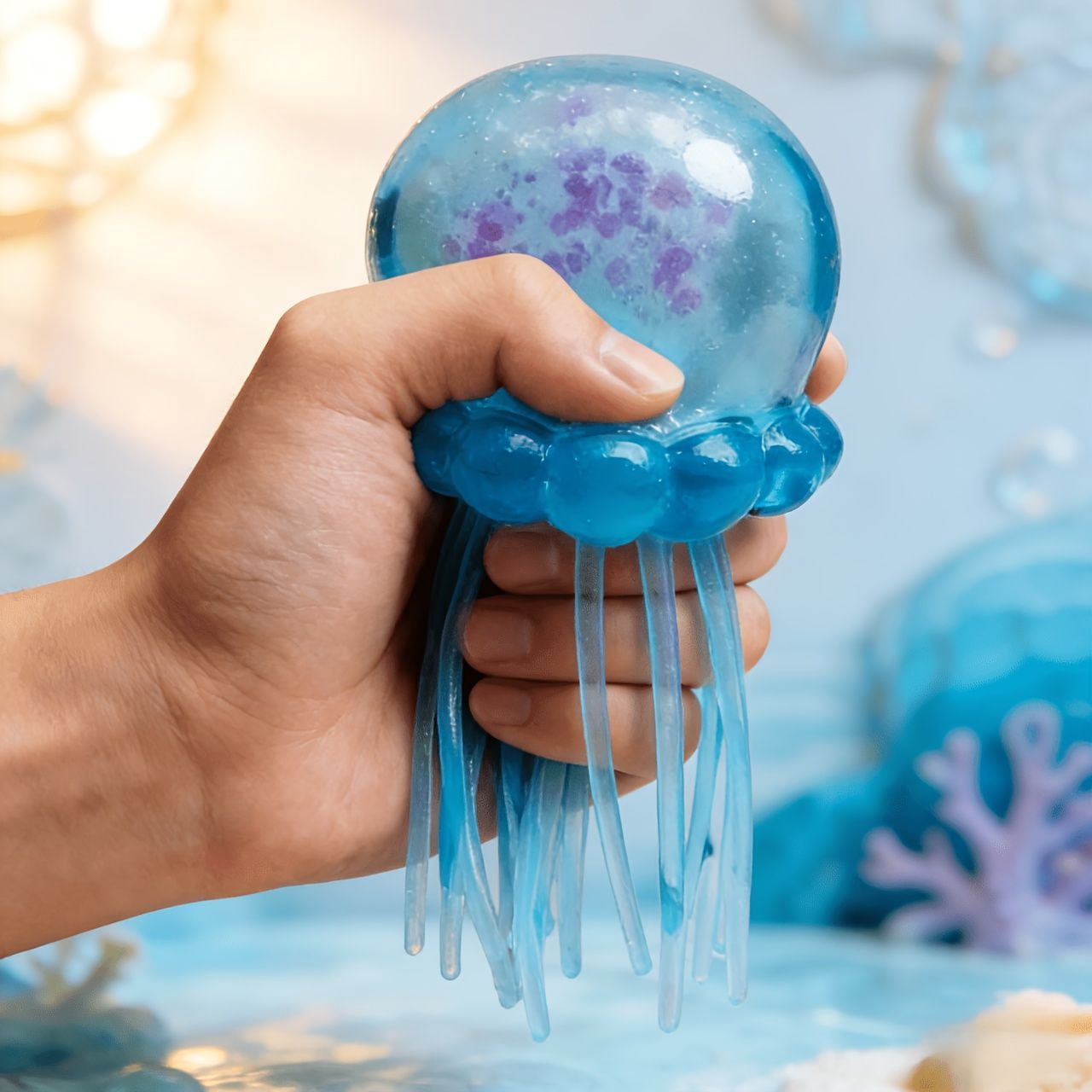 Glitter Jellyfish Squishy Toy, Stress Relief Fidget Toy, Ultra-Soft TPR Material, Slow-Rebound Sensory Toy with Dangling Tentacles for Kids Adults ADHD
