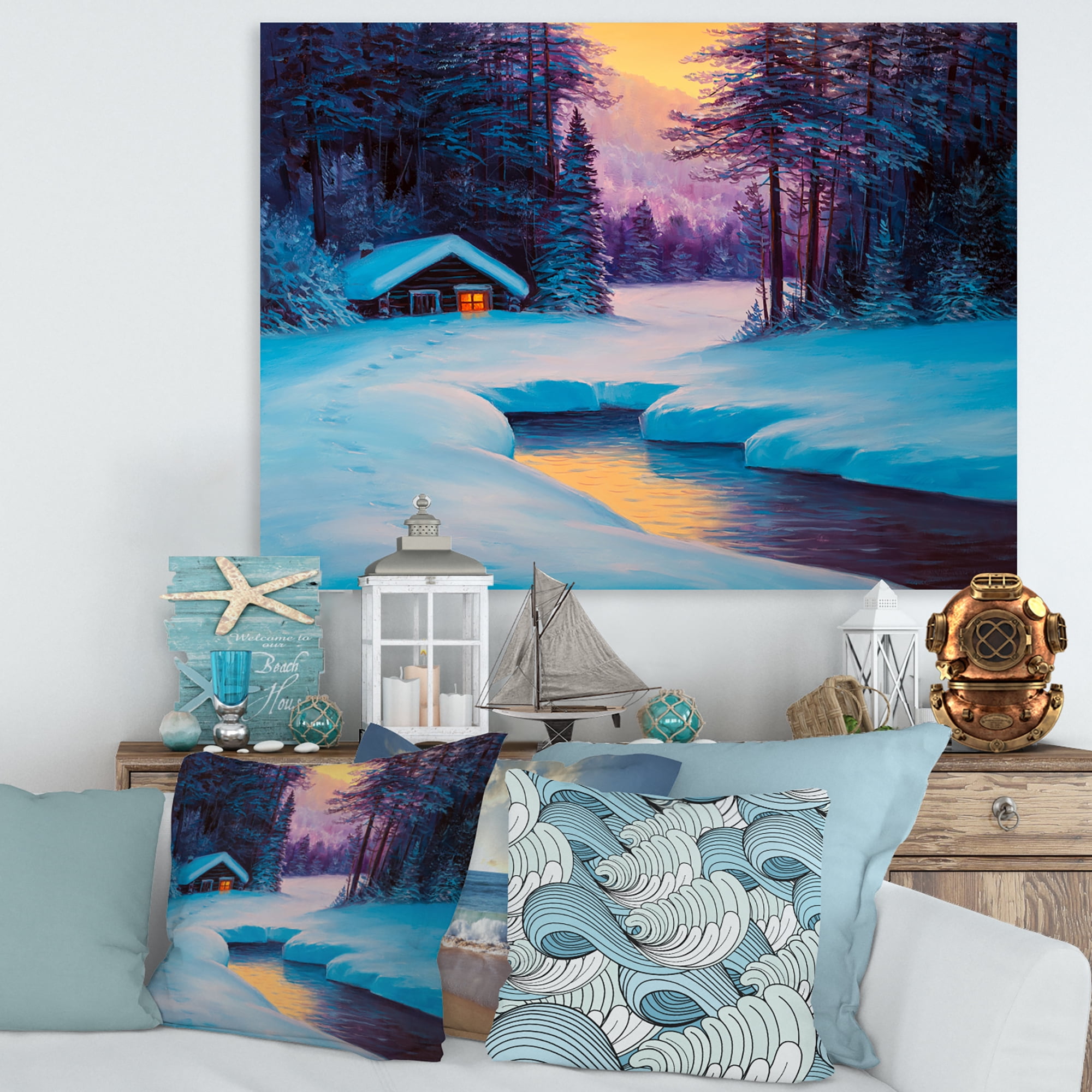 Old Cabin In Winter Forest In Evening Glow II 40 in x 30 in Painting Canvas Art Print, by Designart