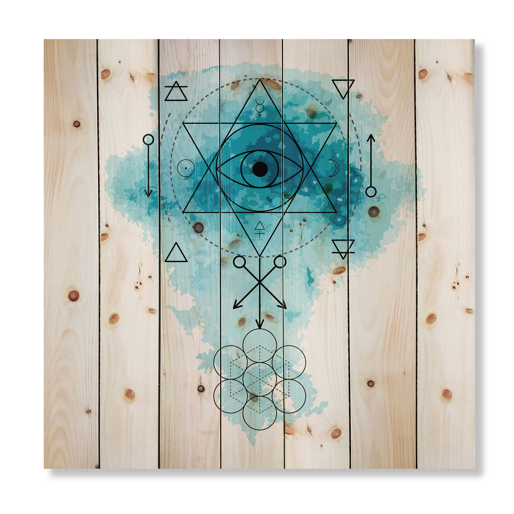 Designart 'Sacred Geometry and Symbol of Alchemy II' Bohemian & Eclectic Print on Natural Pine Wood