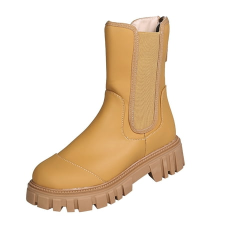 

Classic Retro Fall Winter Women Boots Ladies Fashion Solid Color Leather Panel Round Toe Back Zipper Platform Mid Boots