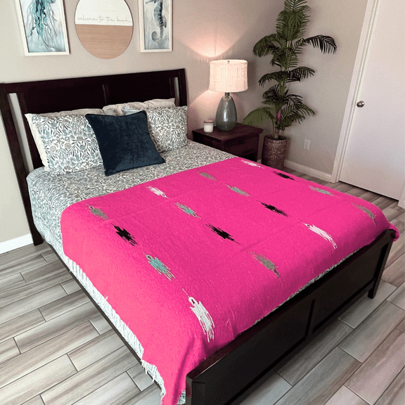Hot Pink Thunderbird Heavyweight Yoga Blanket- Made for Yoga! Hand Made Mexican Blanket