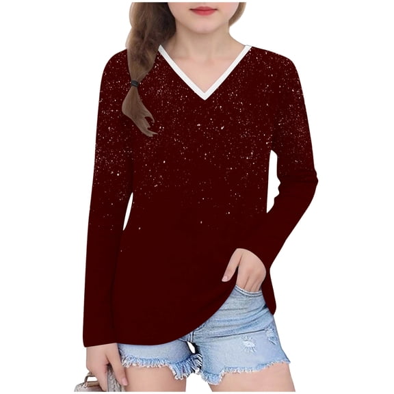 Khunlpohl Girl's V Neck Tops Long Sleeve Casual Tunic Blouses Fashion Comfortable Pullover Shirts for Kids 3-14 Years