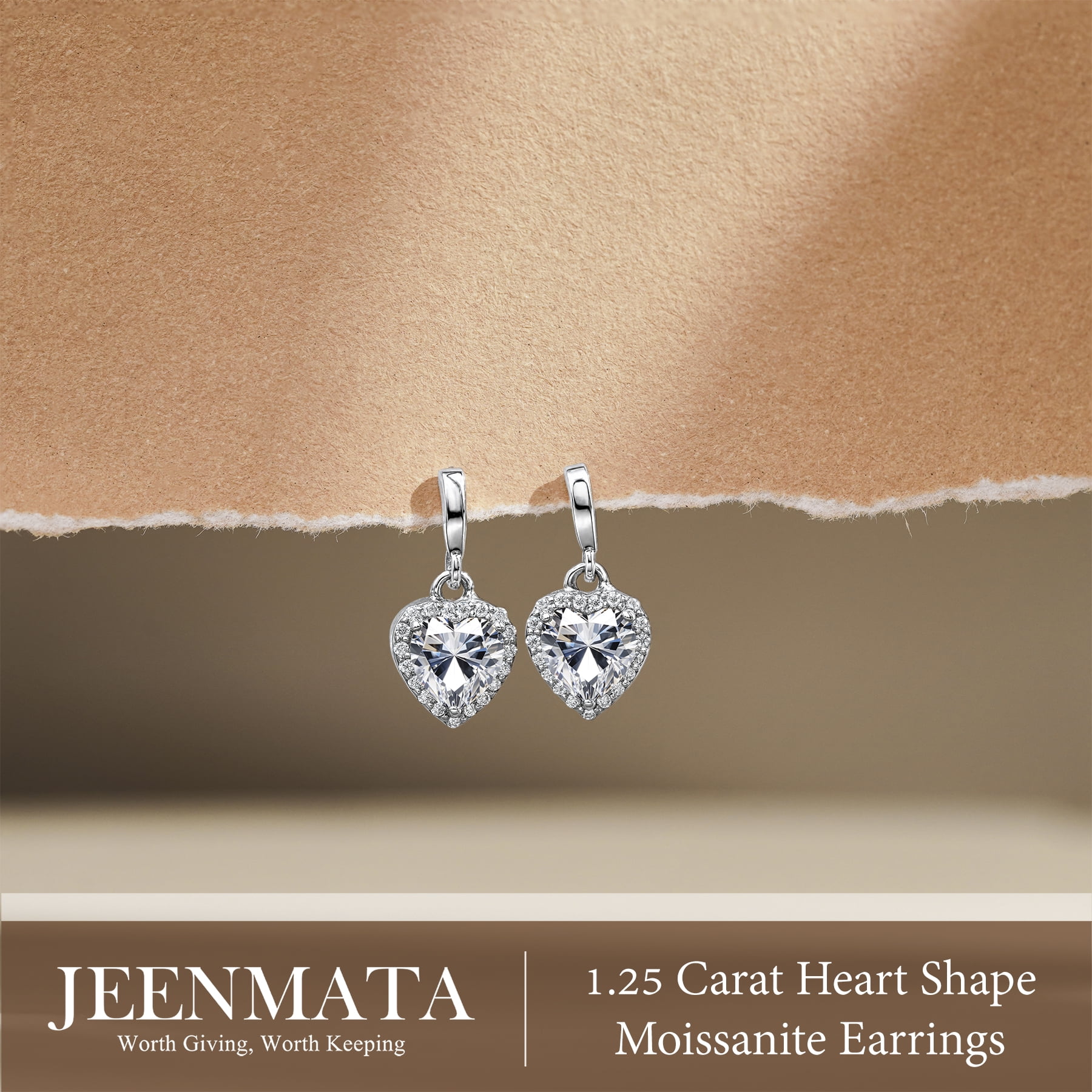 JeenMata Forever Heart 1.25 Carat - Moissanite - April Earrings in 18K White Gold Plating over Silver