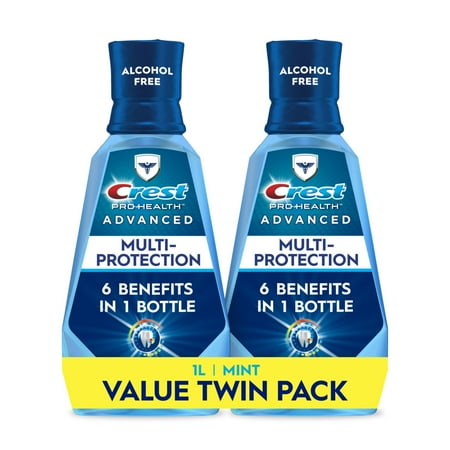 Crest Pro-Health Advanced Fluoride Mouthwash, Alcohol Free Oral Rinse, Multi-Protection, Fresh Mint, 1L (33.8 fl oz), 2 Pack