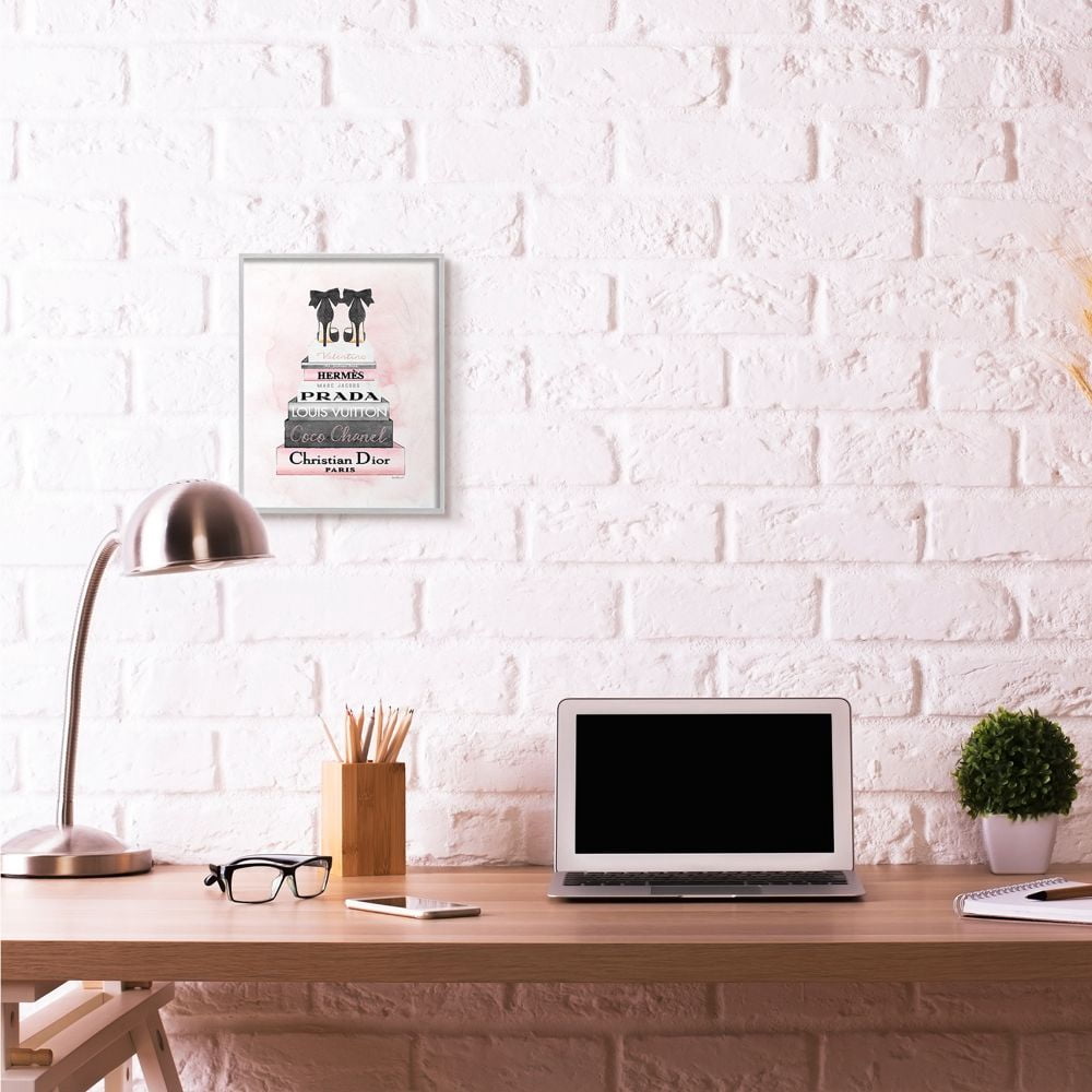 Stupell Industries Black Heels Pink Silver Bookstack Glam Fashion Design Framed Wall Art by Amanda Greenwood