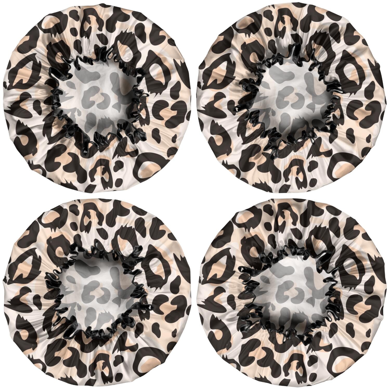 Shower Caps,Beige and Black Of Leopard Print Waterproof Shower Cap for Women 4 Pieces,Double Reusable Hair Cover for Shower PEVA Elastic Stretch Hem