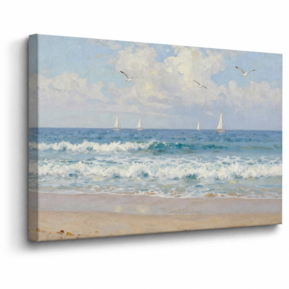 Cottage Garden Cat Canvas Wall Art Framed Decor Ocean Wave Sailboat Seagull Seascape Landscape canvas print for bathroom bedroom or living room