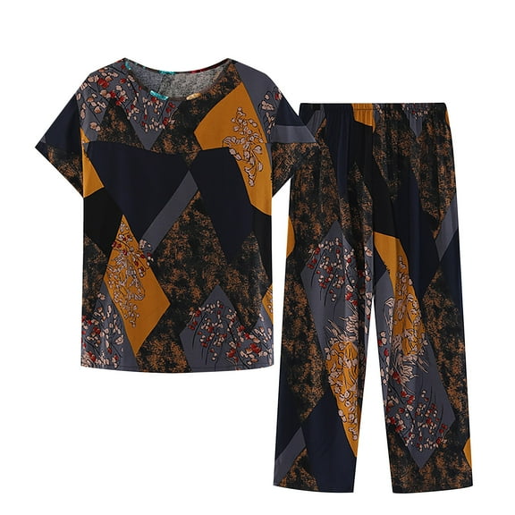 Iyufng Womens Pajama Sets,Pajama Sets for Women Plus Size,Short Sleeve Round Neck Loungewear Printed Tops Pants Set,Women's 2 Pieces Sleepwear Sets