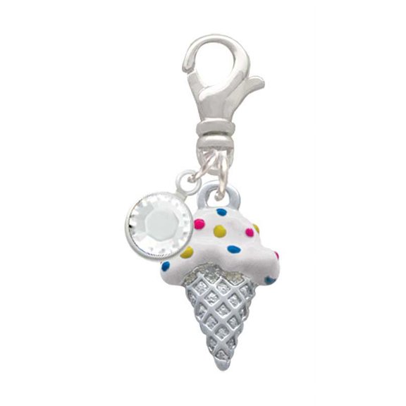 Delight Jewelry Silvertone 2-D Vanilla Ice Cream Cone with Sprinkles - Silvertone Clip on Charm with Clear Crystal Drop