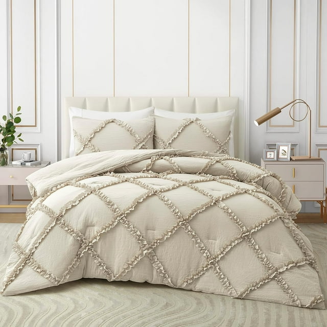 King Size Comforter Set Bedding Ruched Coral Comforter King Bed Set Boho Shabby Chic Comforter Fluffy Piece Ruffle Comforter Set with Pillow Girl Bedding Soft and Luxury
