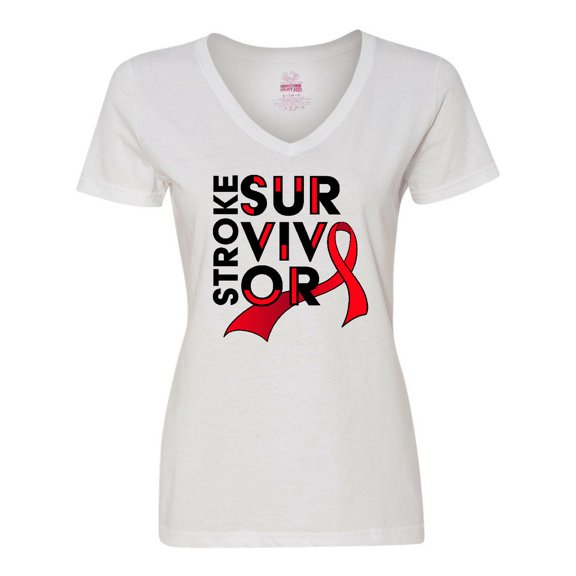 Inktastic Stroke Survivor- Red Ribbon Awareness Women's V-Neck T-Shirt