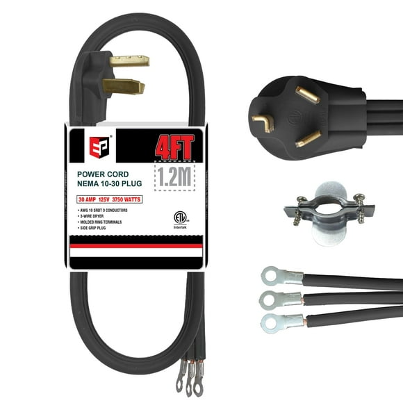 Cable de secado EP, 4 pies, 10/3, SRDT, 30 amperios, NEMA 10-30, negro