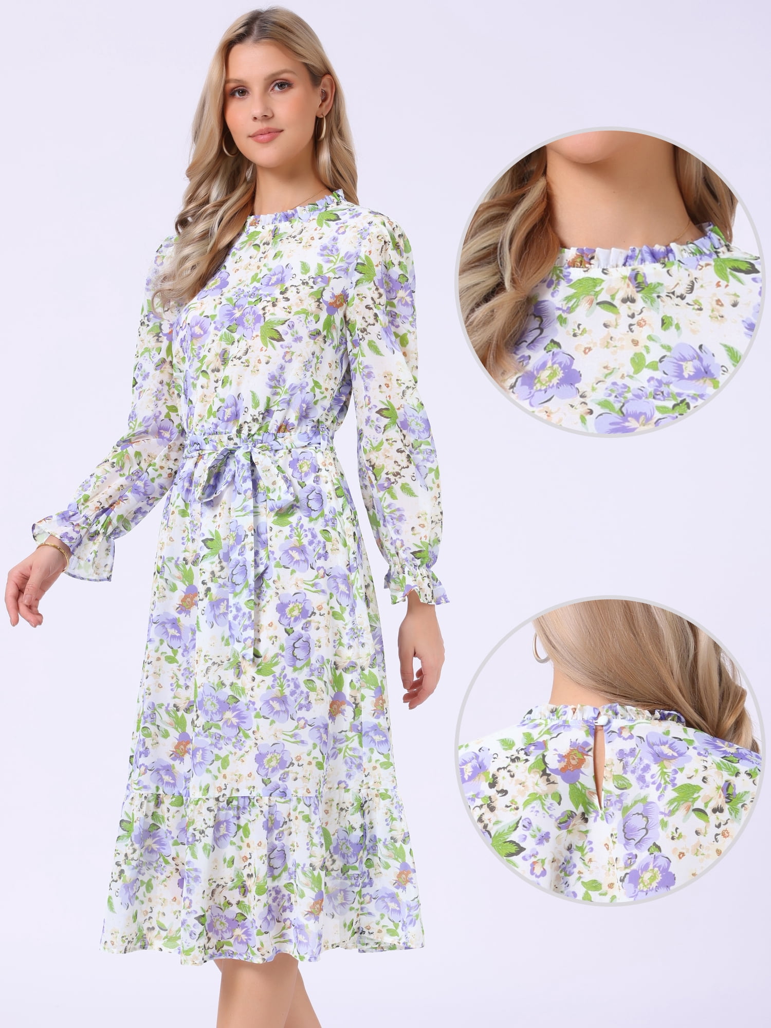 DARING DIVA Fall Floral Long Sleeve Chiffon Midi Dress XS Light Purple