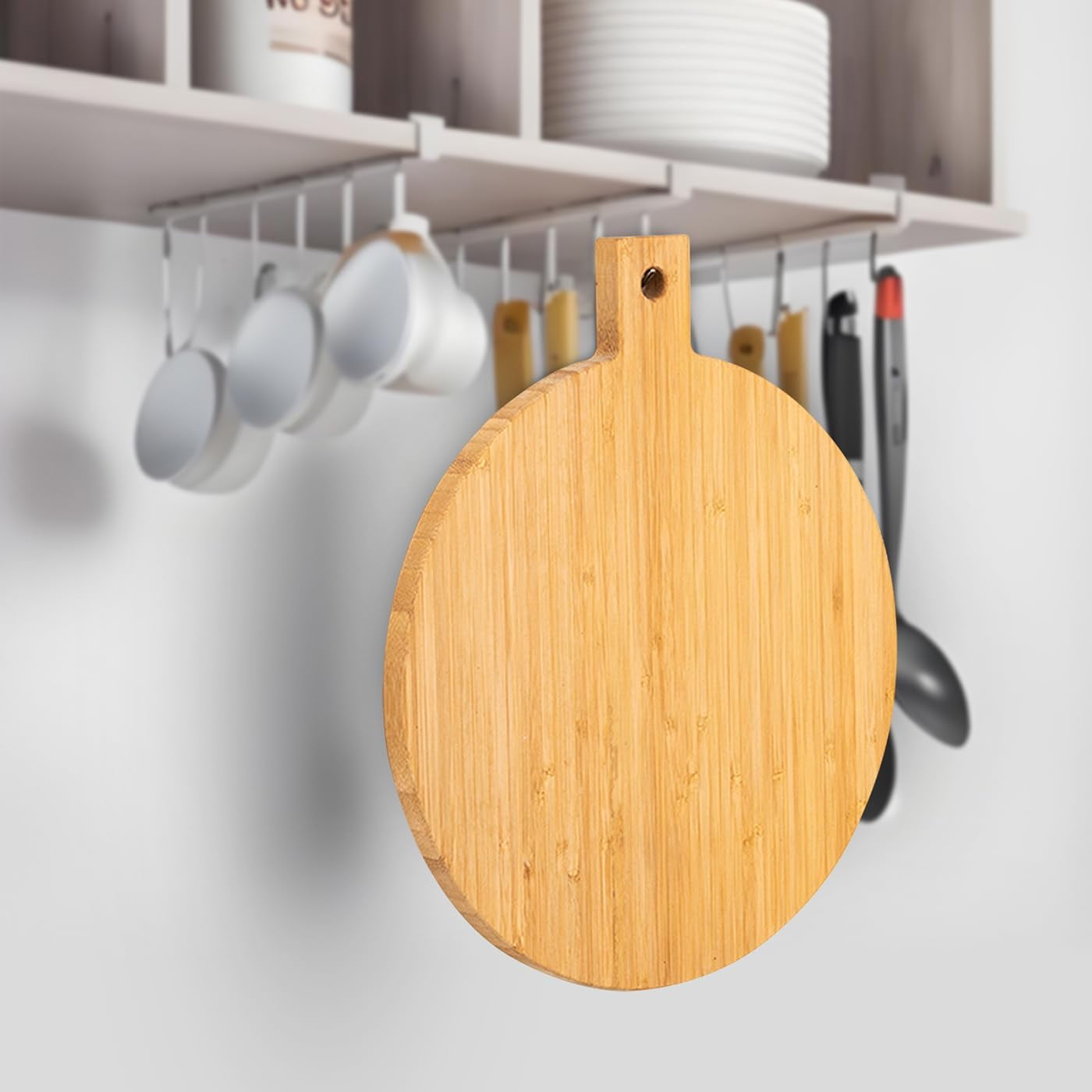 RGHJAR-100% Bamboo Round Cutting Board with Handle 13x11x0.63" - Hanging Decorative Charcuterie Board, Pizza Bread Snack Cookie Tray for Kitchen
