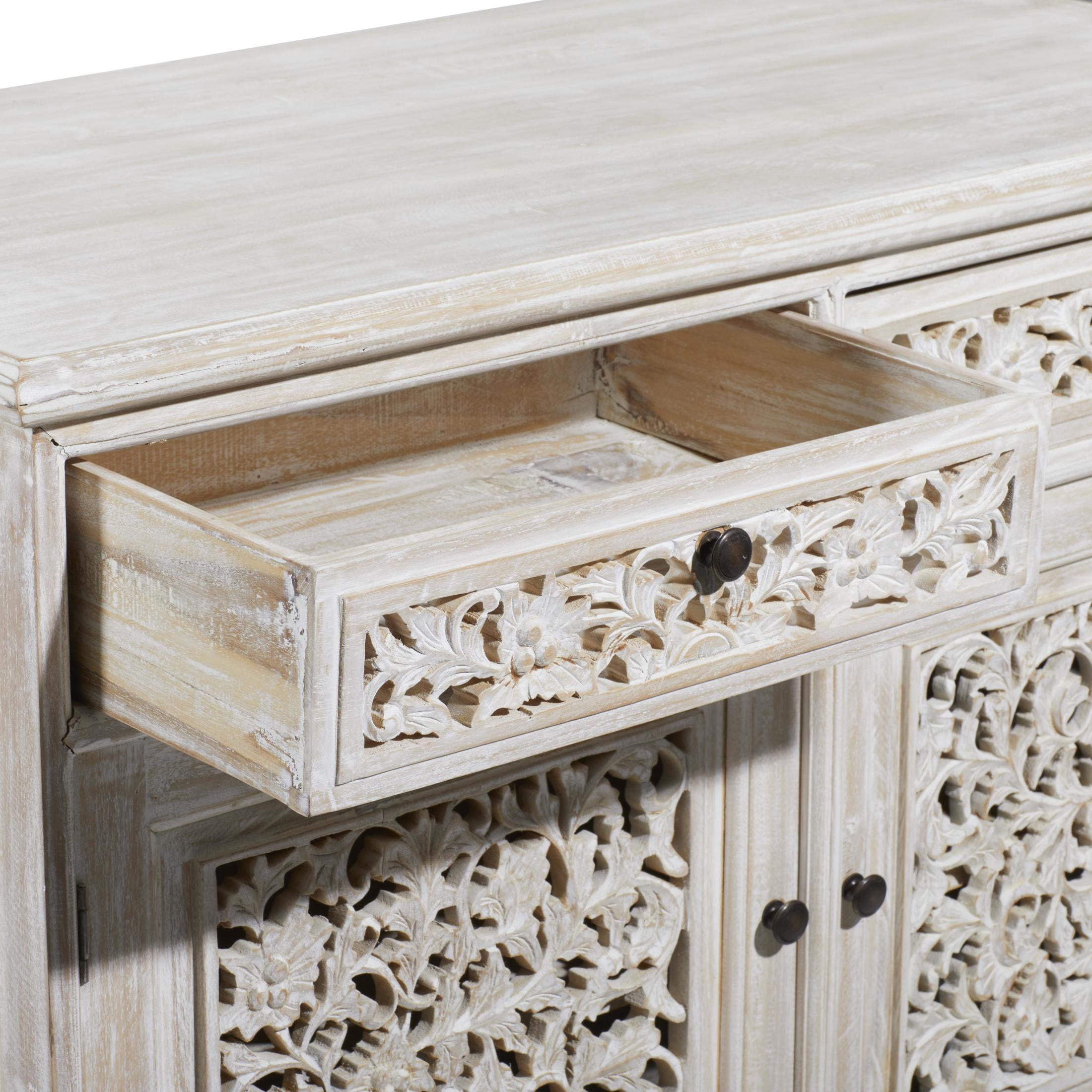 DecMode 39" x 32" White Wood Intricately Carved 2 Door and 2 Drawer Floral Cabinet, 1-Piece