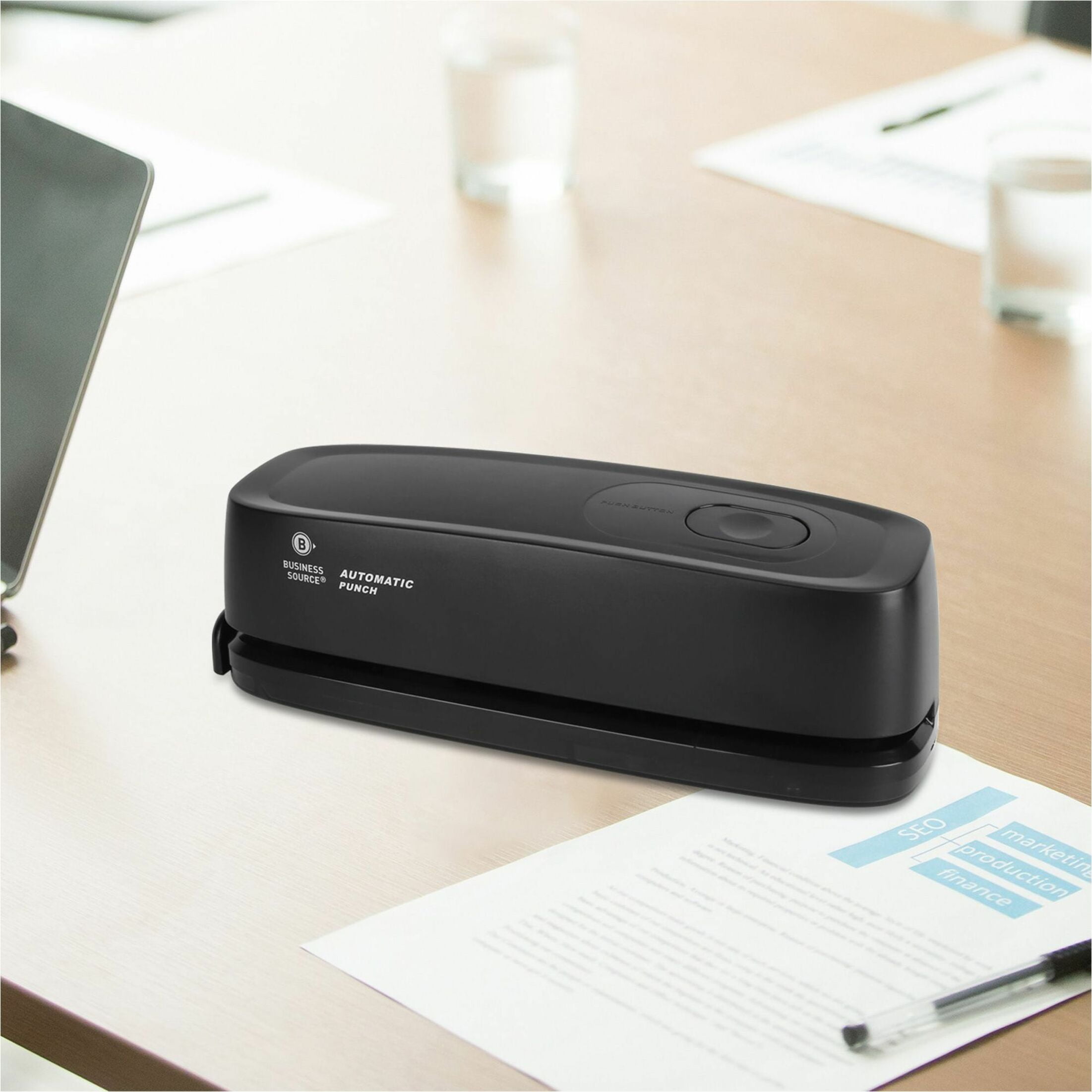 Business Source Electric Hole Punch 3 Punch Head(s) - 10 Sheet Capacity - 9/32" Punch Size - 2.6" x 11.9" x 3.2" - Black