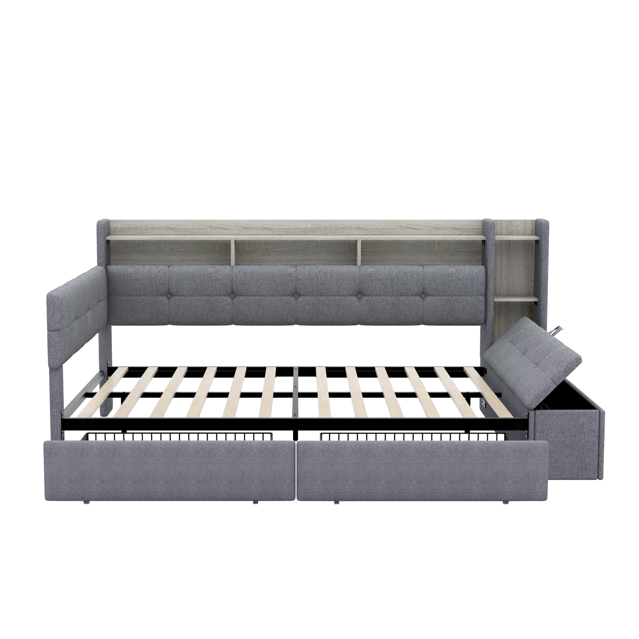 Noble House Brevon Full Size Upholstered Daybed with Extra Drawers, Storage Footstool, USB Port and LED Light, Grey