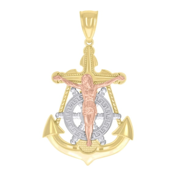 14k Tri-Color Gold Mens Anchor Crucifix Religious Charm Pendant